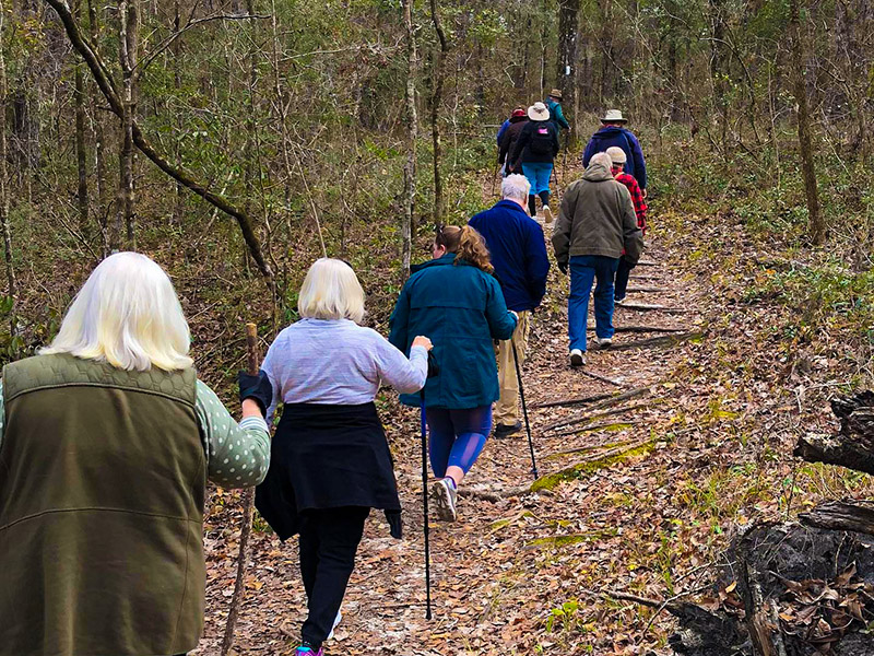 A group of people hiking outdoors in the fall.